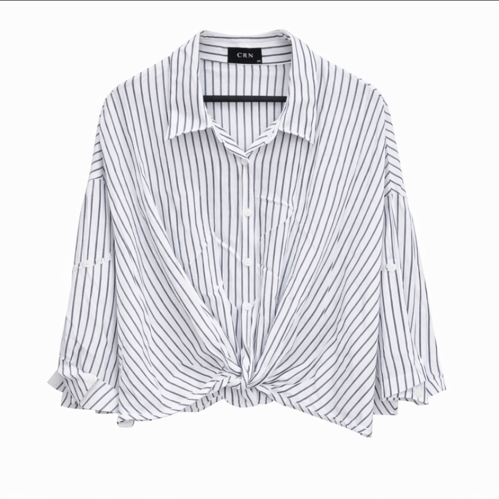 Cider Blue White Vertical Striped Twist Front Button Down Blouse Plus Sz 2X